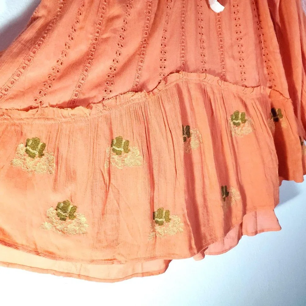 Free People Coral Orange Embroidered Mini Dress